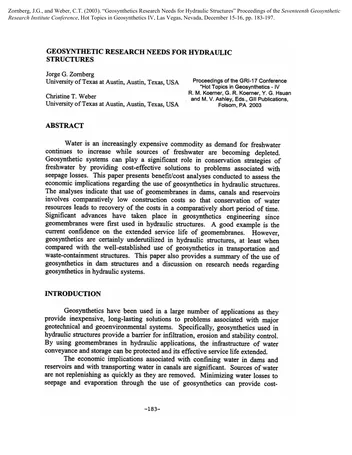 Más sobre Necesidades de Investigación en Geosintéticos para Estructuras Hidráulicas.